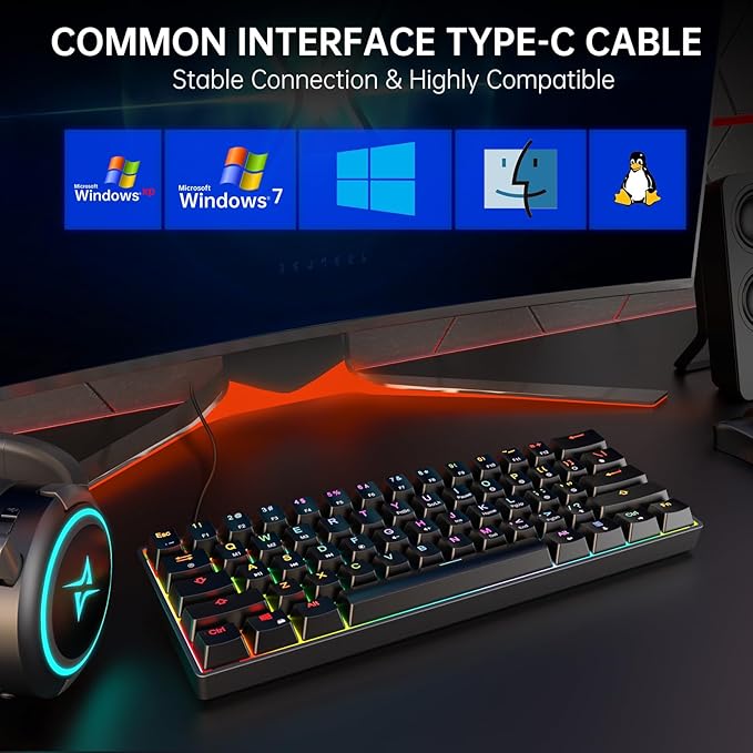 60% Mechanical Gaming Keyboard - 61 Keys Brown Switch Quiet Office Computer Keyboard - Multi Color RGB Rainbow Led Backlit - Programmable for PC/Windows/Mac/Gamer - USB Wired - Black