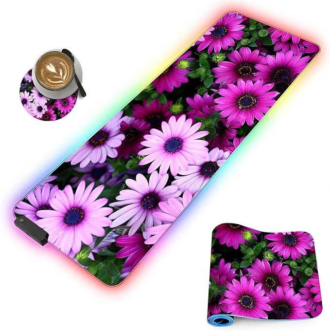 Customized RGB Gaming Mouse Pad and Coffee CoasterLarge Glowing Led Anti-Slip Rubber Base Computer Keyboard Desk Mouse Mat 31.4x11.8 InchAfrican Daisy