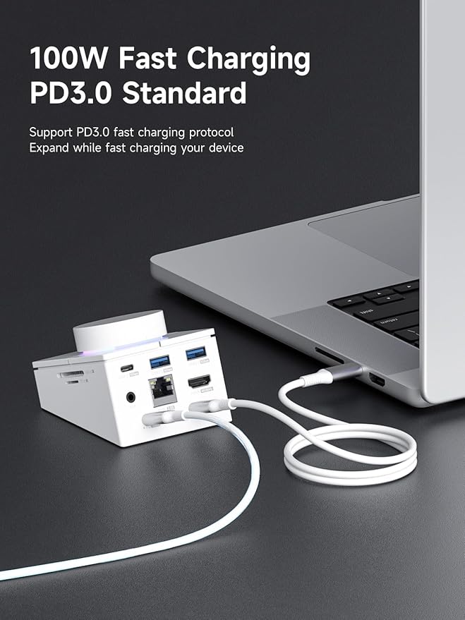 Hagibis Knob USB C Hub with Shortcut Buttons RGB Type-C Docking Station with 4K@60Hz HDMI 100W PD 5Gbps USB-C 2 USB3.0 2.5G RJ45 AUX SD3.0 Micro SD3.0 for MacBook iPad Pro Laptop (White 2.5G)