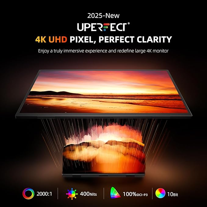 UPERFECT Portable Monitor 4K 23.8 QLED| 400 Nits 24 Large Monitor | 3840 * 2160 UHD 100% DCI-P3 | 1MS FreeSync | USB-C &amp HDMI | VESA &amp Stand | Second Screen for Computer Mini PC Game Conso