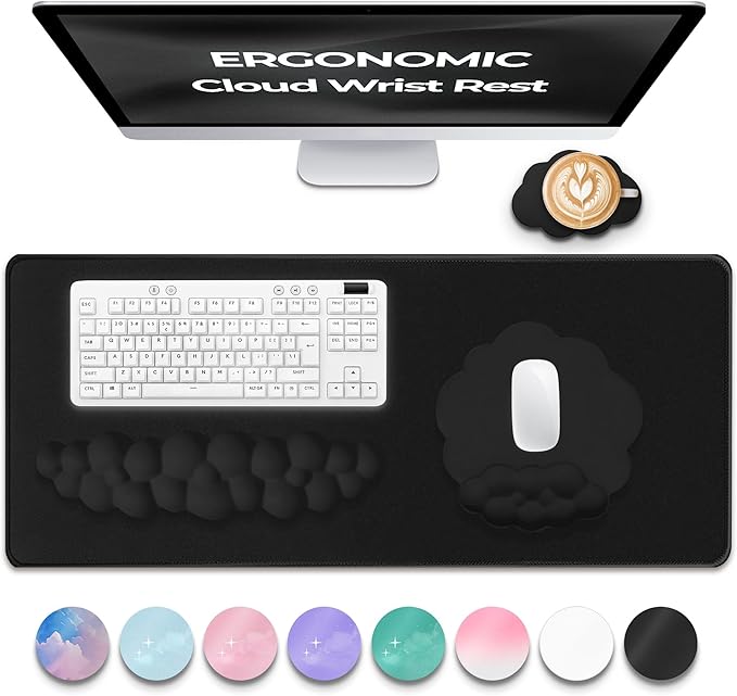 Premium Quality Cloud Wrist Rest Keyboard &amp Mouse Pad Set – Ergonomic Memory Foam Desk Accessories with Wrist Support for Office &amp Gaming – Black Fabric