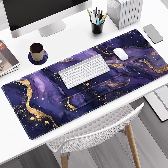 Large Gaming Mouse Pad Set 4 in1 Ergonomics Keyboard Desk Mat with Memory Foam Wrist Rest Extended Game Mousepad Non-Slip Desk Pad Matt Easy Typing Pain Relief I Purple Golden Marble