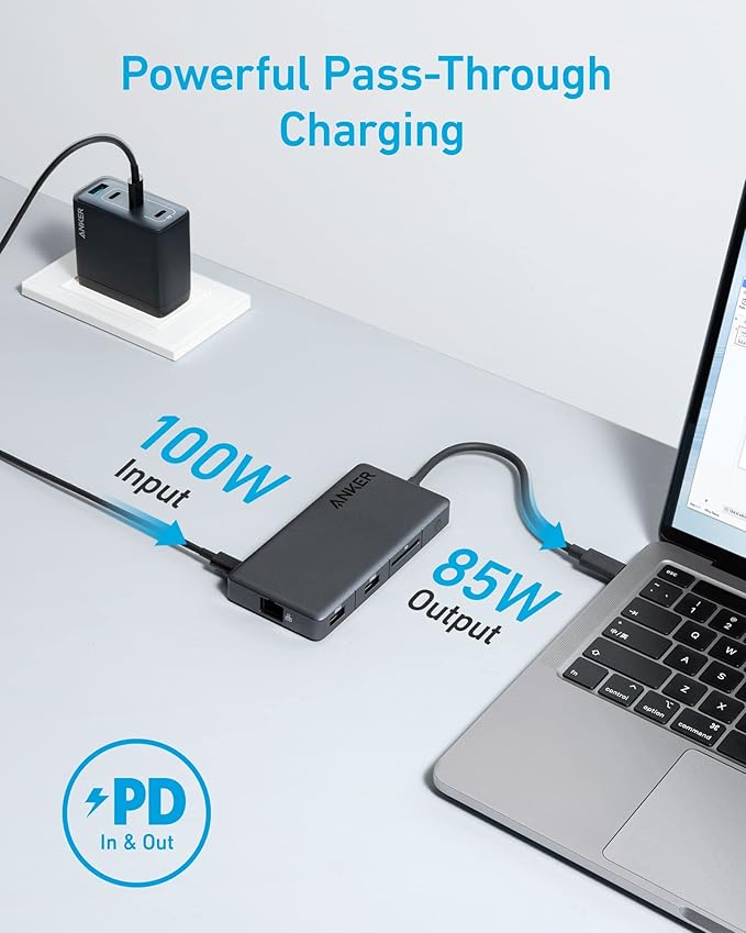 Anker USB-C Hub (7-in-1 4K HDMI) with 3 5Gbps USB-C and USB-A Data Ports Max 100W Power Delivery 4K HDMI Display Ethernet for Lenovo Dell XPS HP Laptops MacBook Ipad and More