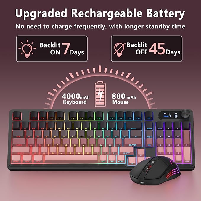 BlueFinger Wireless Gaming Keyboard and Mouse Combo RGB Backlit Tri-Mode Bluetooth/2.4G/USB-C Wired 98 Keys Quiet Keyboard with Number Pad Volume Knob &amp Screen 4800 DPI Mouse for PC/Mac/Lapto