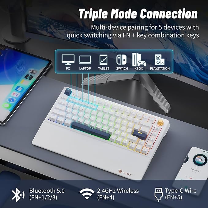 Hexgears 75% Wireless Mechanical Keyboard with Knob Hot Swappable Creamy Keyboard with Wrist Rest Pre-lubed Linear Switches 2.4GHz/Type-C/BT5.0 RGB Backlit Gaming Keyboards for Win/Mac (White)