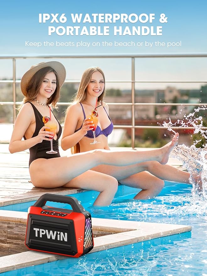 Portable Bluetooth Speakers - Wireless Speaker 80W Peak Loud Speaker with Light Strong Bass BT 5.3 TWS IPX6 Waterproof 20H Playtime for Home Party Outdoor Beach Camping - Red