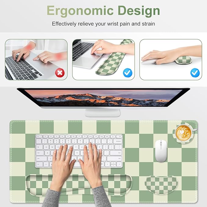 Large Gaming Mouse Pad Set 4 in1 Ergonomics Keyboard Desk Mat with Memory Foam Wrist Rest Extended Game Mousepad Non-Slip Desk Pad Matt Easy Typing Pain Relief I Green Checkered