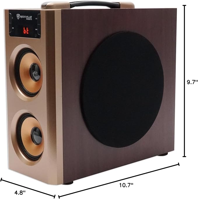 Rockville RHB70 Home Theater Compact Powered Speaker System Bluetooth/USB/SD/FM 4 Subwoofer 2.1 Channel 100W Peak Cherry Wood Finish for Home Entertainment