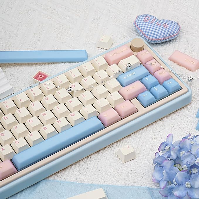 PBT Keycaps Cute Custom Keyboard Pink Keycaps 60 75 100% Double Shot 164 Keys Transparent Set for Cherry Gateron MX Switches Pink White Blue