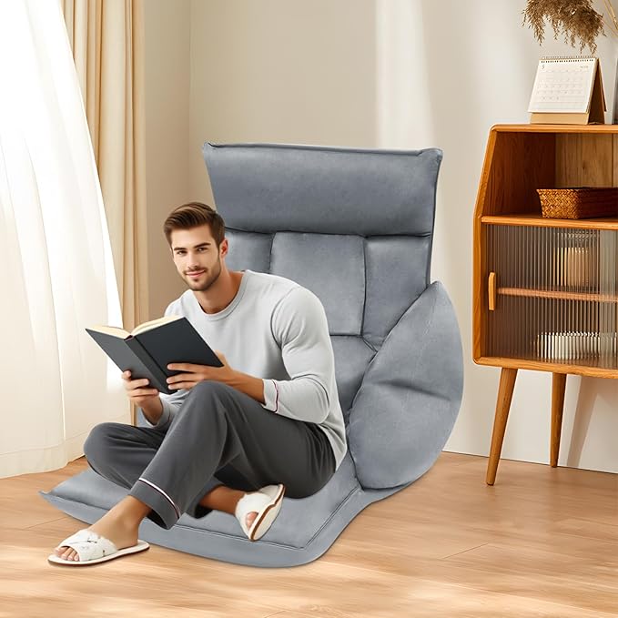 Folding Sofa Chair 5 Adjustable Position Lazy Sofa Floor Chair with Armrests Backrest Headrest Waist Pillow Couch Recliner for Meditation Reading Gaming