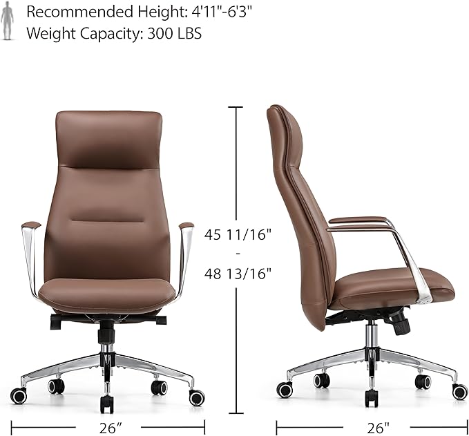 EUREKA ERGONOMIC Royal Slim Executive High Back Brown Leather Office Chair Home Desk Chair for Adults Big and Tall with Wheels Swivel Rolling
