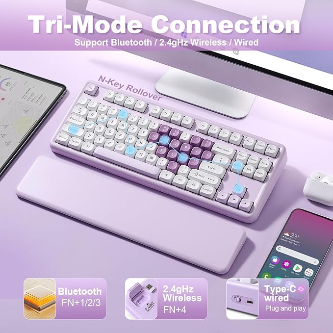 YUNZII B87 Wireless Mechanical KeyboardQMK/VIA ProgrammableTKL Layout 87 KeysBT/2.4G/USB-CHot Swap Gasket Mount RGB Backlit Gaming with Wrist Rest for Win/Mac (Purple Heart Milk V2)