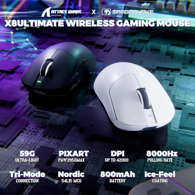 MAMBASNAKE Attack Shark X8 Ultimate 8K Wireless Gaming Mouse42K DPI PAW3950MAX SensorNordic 54L15 Chip59g LightweightOptical Switches RGB Receiver for PC/Mac/WinWhite