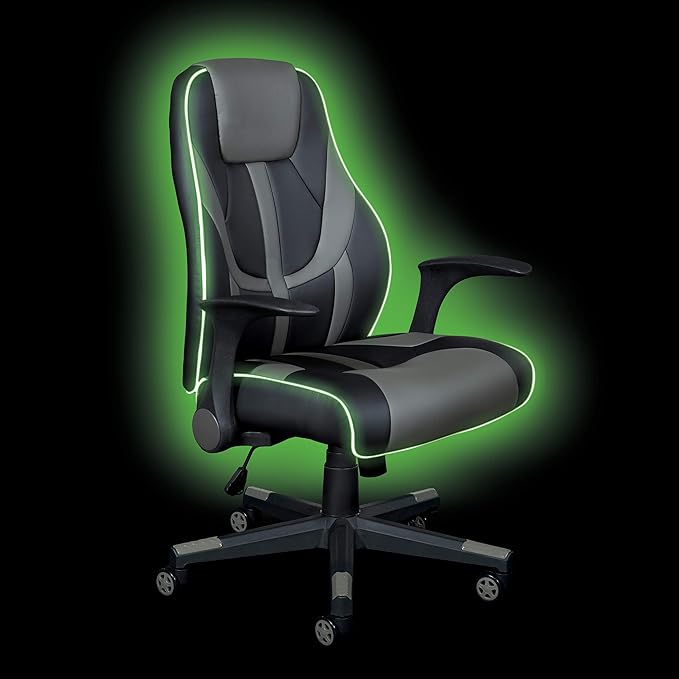 OSP Home Furnishings Output Mid-Back LED Lit Gaming Chair with Thick Padded Seat and Lumbar Support Black Faux Leather with Grey Trim and Accents