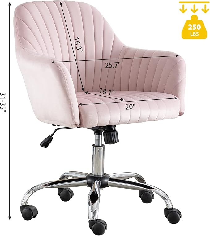 AMNOOL Office Chair Velvet Upholstered Lounge Chair Gaming Chair Makeup Chair Adjustable Height and Adjustable Casters Curved Back for Bedroom Office Study Room (Pink)