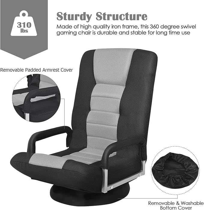 Giantex Floor Gaming Chair 360 Degree Swivel Floor Chair with Armrests 6 Adjustable Position Padded Backrest Folding Floor Chair Rocker for Games Lazy Sofa Lounger Gaming Chair Floor Black/Gray