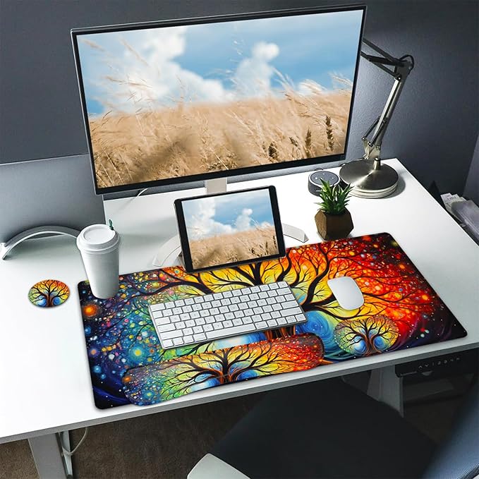 Large Mouse pad and Keyboard Support Set Ergonomic Memory Foam Keyboard Wrist Rest Extended Gaming Mouse Pad with Stitched Edges Colorful Tree of Life XXL Desk Mat (31.5 X 11.8 in)