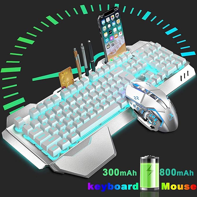 Wireless Keyboard and Mouse Blue LED Backlit Rechargeable Keyboard with 3800mAh Battery Metal Panel Removable Hand Rest Mechanical Feel 7 Color Gaming Mute Mouse for PC Gamers