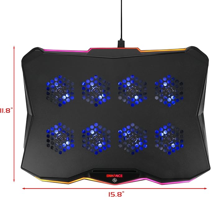 ENHANCE Infiltrate 3 Laptop Cooling Pad with RGB LED Lights - Gaming Cooler Stand with 8 Quiet Fans 7-Angle Adjustable Dual USB Hub Metal Cooling Plate for 13-17.3 Gaming Notebooks