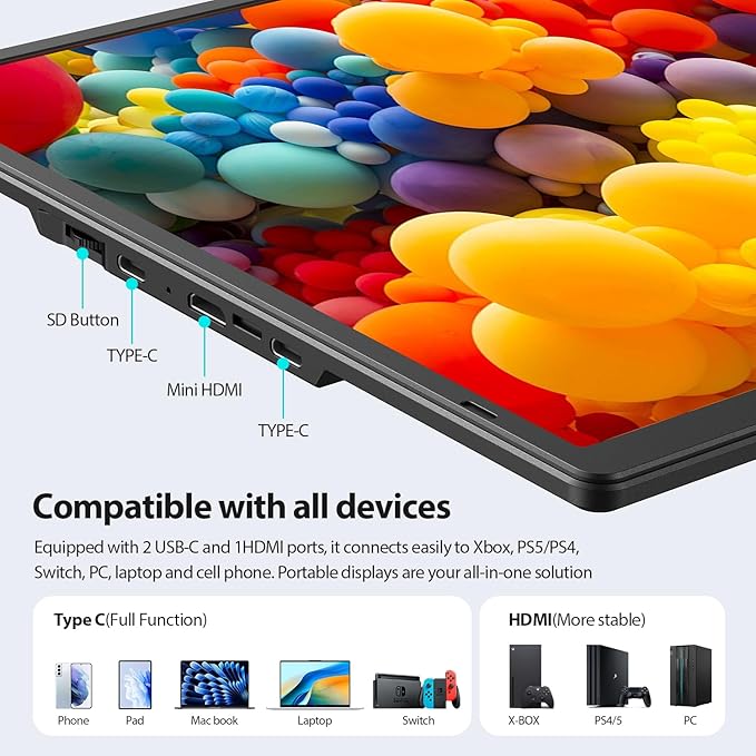 16.2'' Portable Monitor FHD 1200P USB-C/HDMI with Retractable Stand &amp Speakers Ultra-Slim Computer Display HDR Eye Care Laptop Screen Plug-Play External Monitor for MAC PC Phone PS4 Xbox