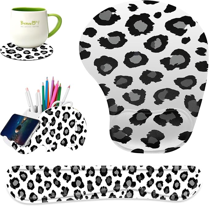 Keyboard Wrist Rest Pad Ergonomic Mouse Pad SetNon-Slip PU Base for Laptop Home Gaming OfficeMatching Elephant Pen Holder and Cup Coaster(Leopard Print) …