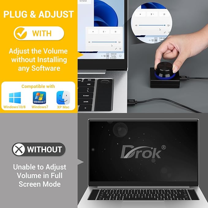 DROK USB Volume Knob Small PC Computer Speaker Volume Control Audio External USB Volume Control Knob with 1-Key Mute Function Support Win7 8 10 XP Mac Vista Android Black