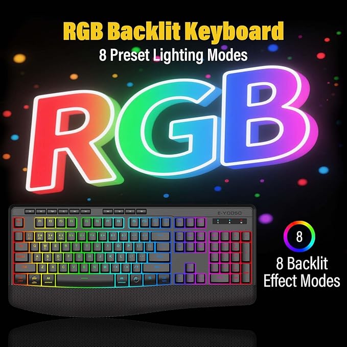Wireless Bluethooth Gaming Keyboard8 RGB Backlit light upSilent Touch Less Noise 95%Ergonomic Wrist RestUSB C RechargeableTri-mode BT5.0/2.4GHz/WiredFor PC Computer/Mac/Laptop/IPad/Xbox/PS5