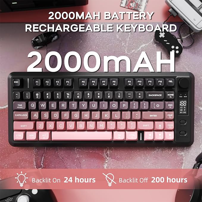M75 Wireless Gaming Keyboard Mechanical Feel Membrane with Knob &amp OLED Display Bluetooth/2.4Ghz Rainbow Backlit Gradient PBT Keycaps 2000mAH Battery Anti-Ghosting-Pink