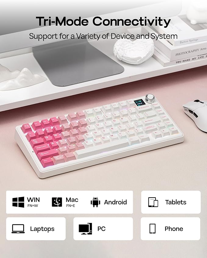 EPOMAKER X Aula F75 MAX Wireless Mechanical Keyboard with TFT Screen and Knob Gasket Keyboard in 75% Layout Hot Swappable Gaming Keyboard for PC/Mac/Linux (White Pink)
