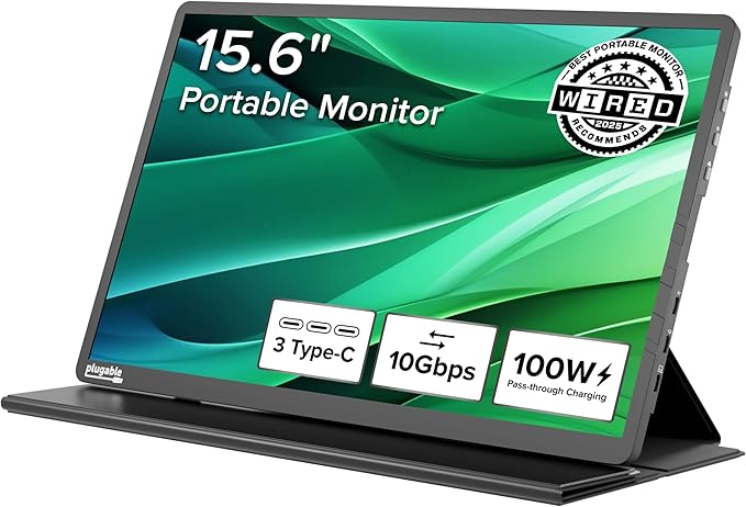 Plugable 15.6 USB-C Portable Monitor with 100W Pass-Through Charging | 2X USB-C 10Gbps Hub | FHD 1920x1080 IPS Display for Mac Windows iPad Smartphone | 1.85lbs Travel Cover/Stand Included