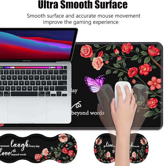 4 in 1 Ergonomic Memory Foam Mouse Pad Wrist Rest Set Large XXL Gaming Desk Pad + Keyboard Wrist Rest + Mouse Wrist Cushion + Coaster for Home Office Study Gaming Floral Quotes Live Laugh Love
