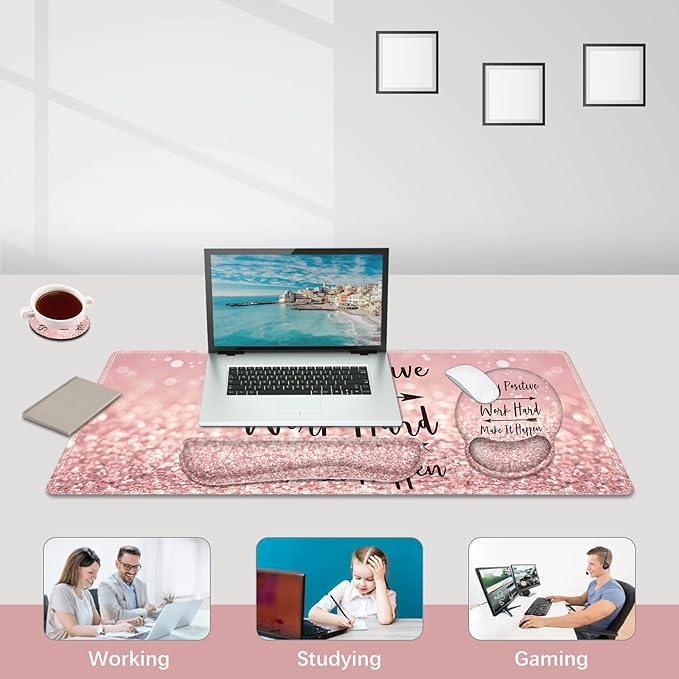 DINKY Large Gaming Mouse Mat and Mouse Pad Wrist Keyboard Wrist Rest Set Anti-Slip Base Mousepad + Coaster 35.4 x 15.80-inch Ergonomic Wrist Support for Home Working Gaming-PinkQuote
