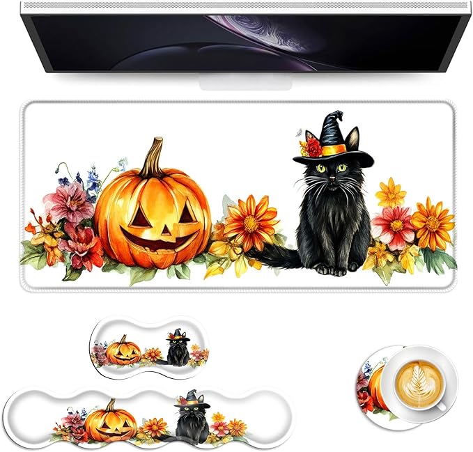 Keyboard Mouse Pad Set Extended Gaming Mouse Pad+Ergonomics Keyboard Wrist Rest Support Memory Foam Easy Typing Pain Relief 4Pcs XL Ultra Thick Desk MatHalloween Pumpkin Black Cat