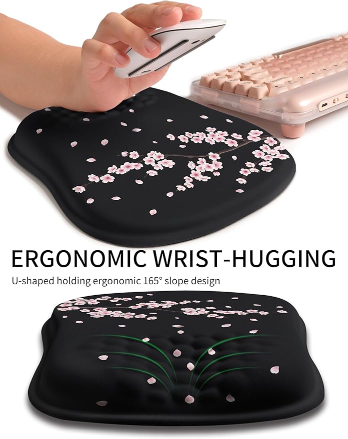 Hokafenle Ergonomic Wrist-hugging Mouse Pad Wrist Support U-shaped Holding Wrist Rest Mousepad for Carpal Tunnel Pain Relief with Cushioned Memory Foam Slope Massage Bulge (10.2x8.3 inCherryBlossom)