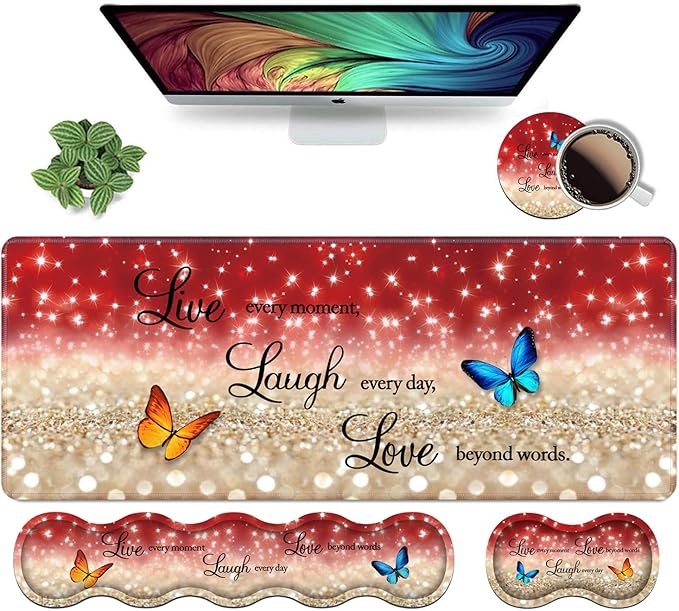 Ergonomic Keyboard Wrist Rest &amp Mouse Pad Wrist Rest SetLarge XXL Gaming Desk Mat 31.5x 11.8Non-Slip Base Memory FoamEasy Typing Pain Relief for Office &amp HomeRed Glitter Quote Live Laug