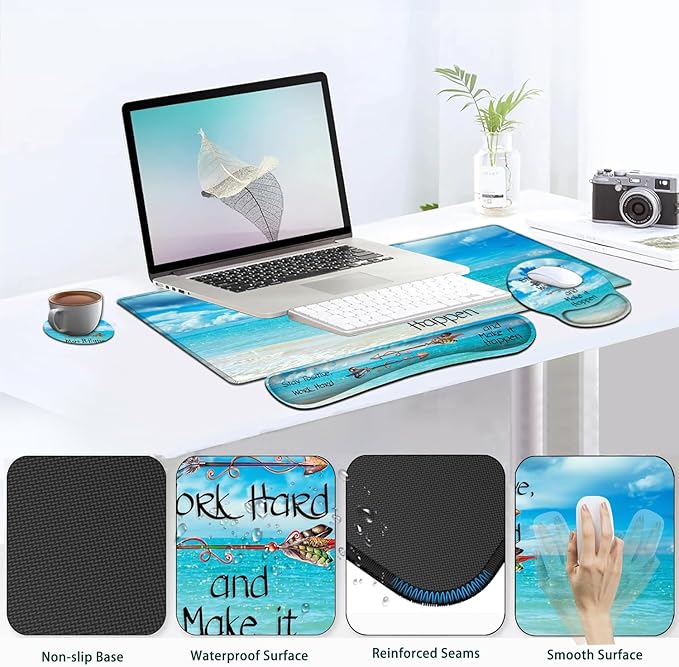 Large Mouse Pad Ergonomic Mouse Pad with Wrist Rest and Keyboard Wrist Rest 4 in 1 Set 31.5 x11.8 inch Extended Desk Pad for Home Office Stay Positive Work Hard and Blue Sky Ocean Gaming Mouse Mat