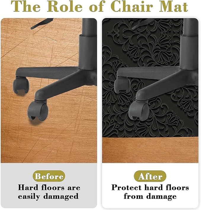Black Grey PU Leather Hardwood/Tile Floor Chair MatRolling Chair Mat Dark Grey Baroque Curved Flower Lines Desk Chair Mats Low-Pile Carpet Anti-Slip Floor Protector Rug Vintage Diameter 47.2 in