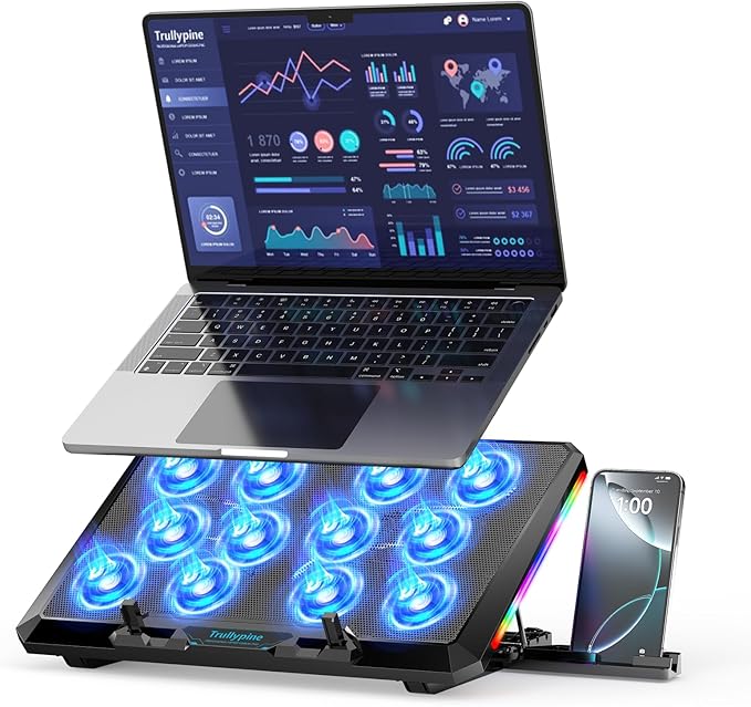Laptop Cooling Pad with 12 Quiet Fans Slim Portable for 12-17.3 Inch Laptop Cooler Stand with 5 Height Adjustable Ergonomic Gaming Cooling Fan Pad with Two USB Ports &amp Phone Holder (Gear)