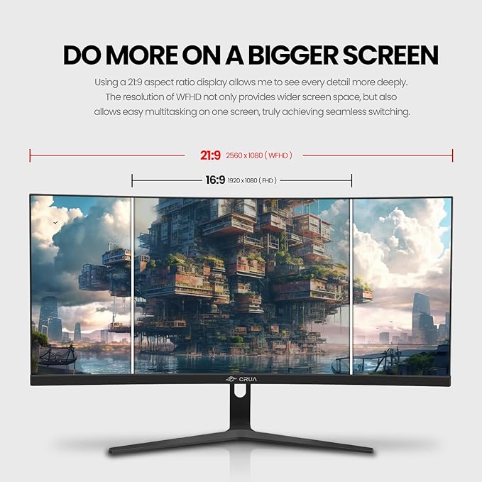 CRUA 30Inch Ultrawide Curved Monitor 21:9 FHD(2560x1080P) VA Computer Monitor 120% sRGB 100HZ 1500R PC Monitors Support FreeSync Wall-Mounted with HDMI/DP Display Port-Black