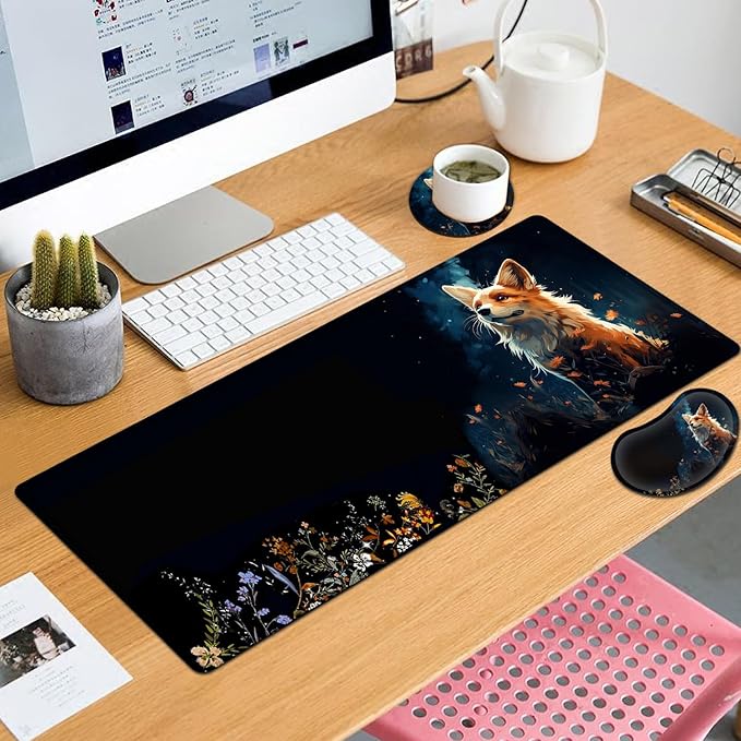 Large Mouse Pad with Mouse Wrist Rest 31.5x11.8 in Extended Mouse Mat with Non-Slip PU Base Ergonomic Memory Foam Wrist Rest for Work &amp Gaming Writing Pad Cute Red Fox Animal Office Desk Pad