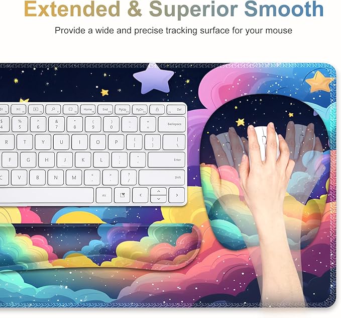 Mouse Pad with Wrist Support 4 in1 Set XXL Big Game Mousepad + Keyboard Wrist Rest + Mouse Wrist Rest Pad +Coaster Gaming Mat for Home Office Work Computer Laptop I Colorful Clouds Starry Night