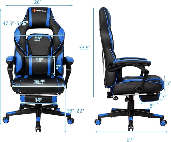 POWERSTONE Gaming Chair Adjustable High Back PU Computer Chair with Footrest Massage Lumbar Support Headrest Thick Armrest Rolling Swivel Desk Chair Navy Blue