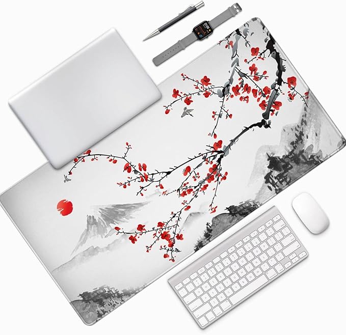AQQA Extended Gaming Mouse Pad Cherry Blossoms Japanese XXXXL Full Desk Mousepad 48 x 24 Non Slip Desk Mat with Stitched Edge Computer Keyboard Mat for Office