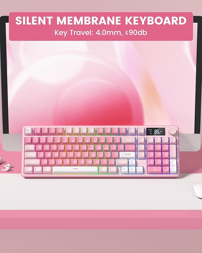 Keymatic Gaming Keyboard Wireless Creamy Keyboard with Media Knob &amp Screen Cute Keyboard Mechanical Feeling Membrane Keyboard with Number Pad RGB Backlit Tri-Mode BT/2.4GHz/USB-C - Pink