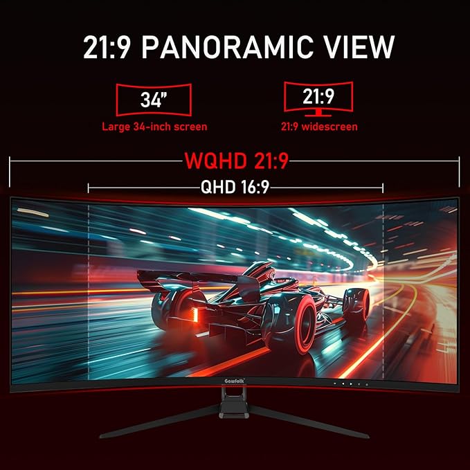 Gawfolk 34 Inch Ultrawide Curved 144Hz Gaming Computer Monitor 1500R PC Screen21:9 UWQHD (3440x1440)Adaptive Sync178° Viewing AngleDisplay Port、HDMI2.0Compatible with wall mounting - Black
