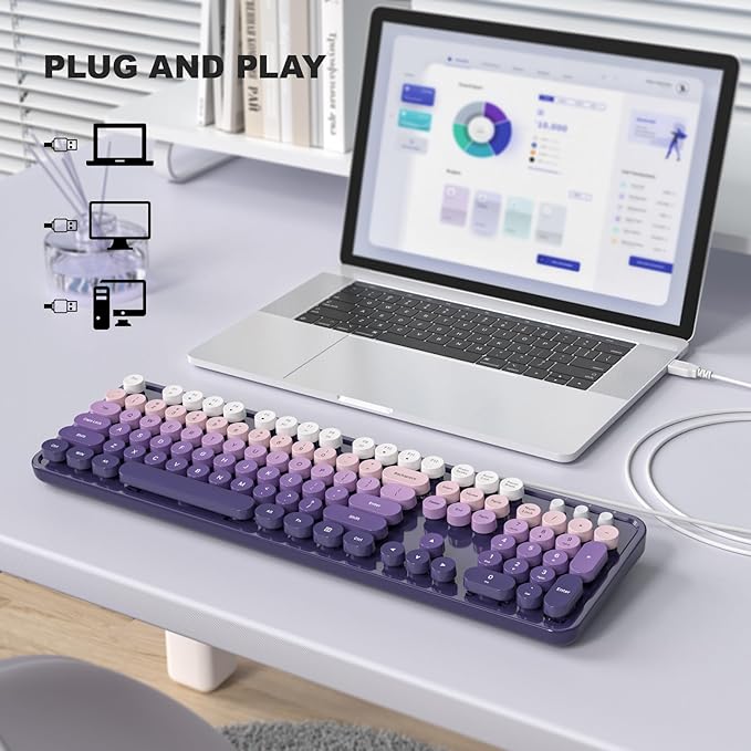 Computer Keyboard Wired Plug and Play USB Retro Round Typewriter Keyboard Full Size Wired Keyboard with Foldable Stands for Laptop and Office PC- Purple Gradient