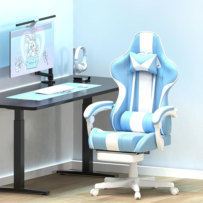 Ferghana Gaming Chairs Ergonomic Racing Style PC Game Computer Chair with Headrest Lumbar Support Adjustable Recliner PU Leather Video Computer Chair(Light Blue)