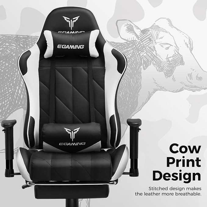 Gaming Chair Big and Tall Video Game Chair with High Back PU Leather Home Office Ergonomic Computer Chair with Footrest Adjustable Height 360° Swivel Wheels for Adults and Teens (White)