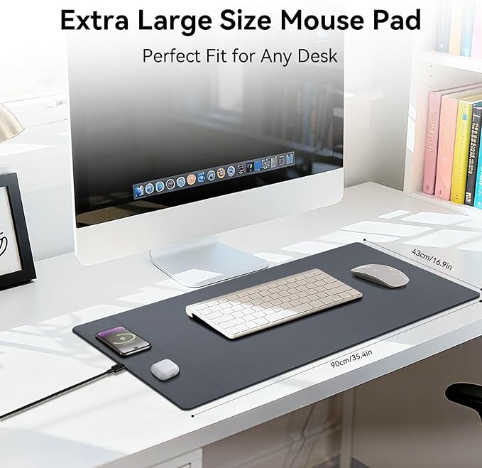 Wireless Charging Mouse Pad 15W Fast Charge Magnetic Charger Desk Pad Large Office Desk Mat (35.4x16.9) with Ultra-Smooth Surface Gray Computer Mousepad for MacBook PC Laptop