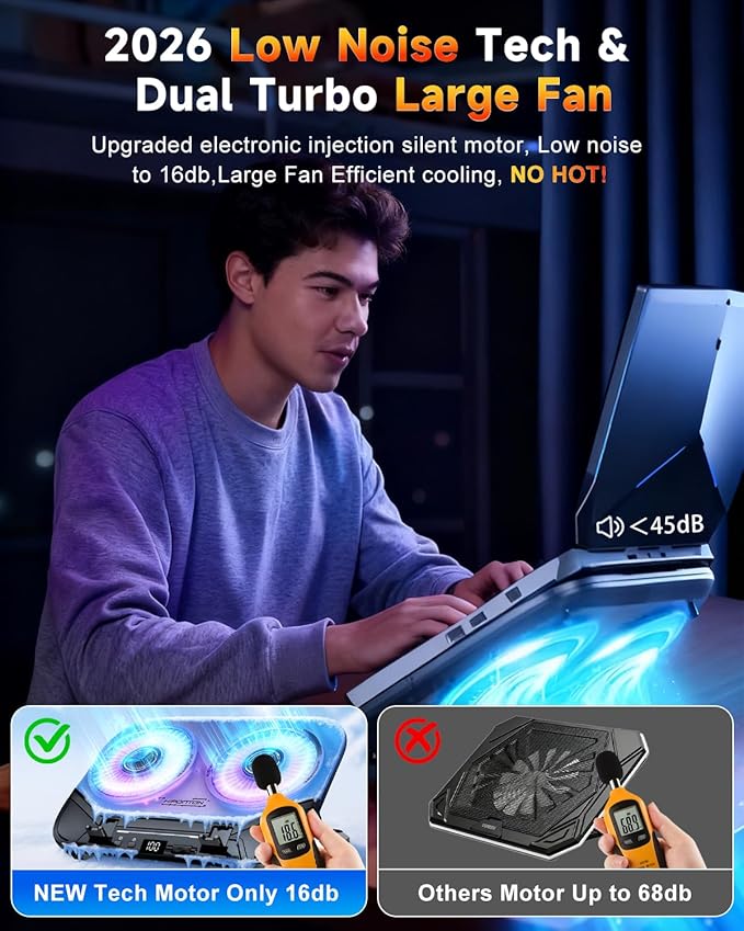 Upgraded Laptop Cooling Pad with Dual TEC Cooler Gaming Laptop Cooler 2 Powerful Turbo Fans Fast Cooling Laptop 12-21in 5 Height Stands 100 Gear Speed Adjust LCD Screen RGB Phone Holder